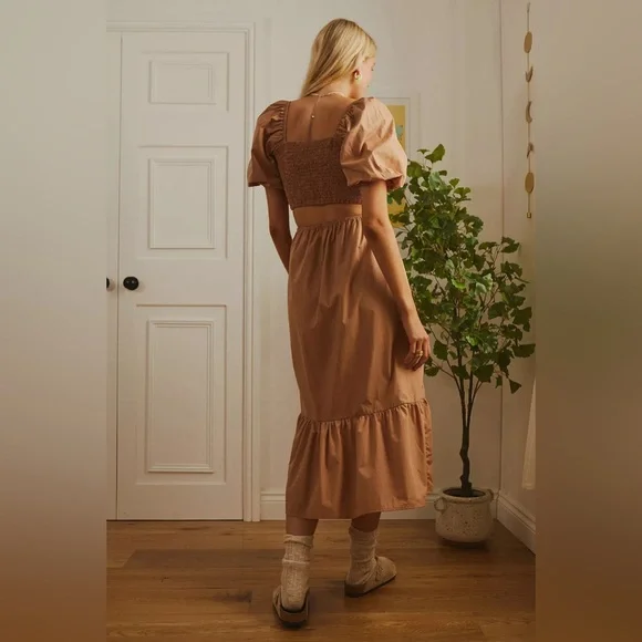 Anthropologie Faithfull the Brand Bloom Smock Midi Dress Hazelnut - Size 10/XL - Picture 5 of 11